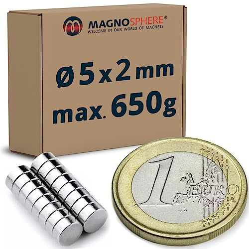 100 x Scheibenmagnet Rundmagnet Ø 5 x 2 mm Neodym, vernickelt - hält 650g - Magnet-scheiben - kleine Magnete Extra Stark für Kühlschrank Magnet-Tafel Memoboard Pinnwand Whiteboard