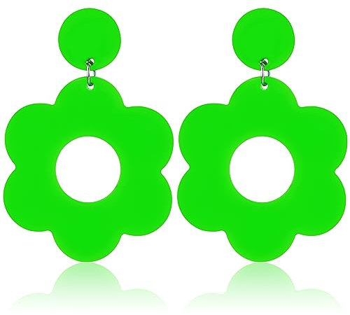 Neon Acryl Ohrringe Damen - Vintage Blumen Earrings mit Gnseblmchen in Grn - Niedliche Hngende Creolen fr Frauen & Mdchen - Party Ohrringe fr 60er, 70er & 80er Jahre