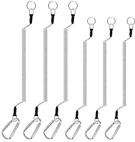 SagaSave (Silber) Robustes Edelstahl-Fischereiband Zuverlässiges Spiralseil mit Karabiner & Spaltring, diebstahlsicherer Feder-Schlüsselanhänger mit Anti-Verlust-Stretchseil, für Paddel, Kajaks