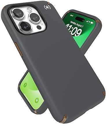 Speck iPhone 15 Pro Hülle – Gebaut für MagSafe, Fallschutz, kratzfest, weiche Haptik, 6,1 Zoll Handyhülle – Presidio2 Pro Anthrazitgrau/Kaltbronze/Weiß