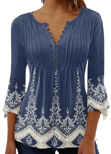 Yeenily Camicia Elegante Donna a Manica Scollo a V T-Shirt a 3/4 Lunga Top Bluse Maglietta Stampato Basic Tee(Blu Acciaio,XL)