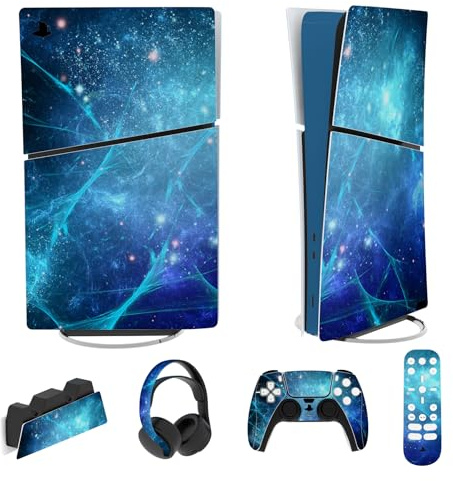 PlayVital Full Set Skin Sticker für ps5 Slim Konsole Digital Edition | Vinyl Aufkleber, Schutzfolie Folie für PS5 Controller, Ladestation, Headset & Medienfernbedienung, Blauer Nebel