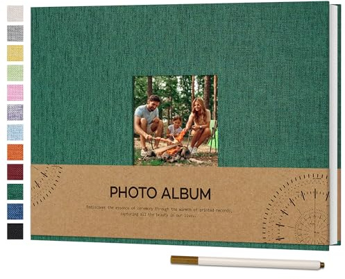 Vienrose Fotoalbum Selbstklebend, 40 Seiten, 21,5x30 cm, Dunkelgrün | Mini Leinen Photo Album, 2 Fotos 10x15 cm pro Seite, Familie Hochzeit Jahrestag, Selbstklebend zum Einkleben mit Metallstift