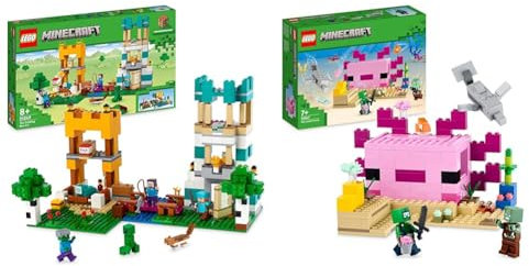 LEGO 21249 Minecraft Die Crafting Box 4.0, 2in1-Set zum Bauen & 21247 Minecraft Das Axolotl-Haus Set, baubare rosa Unterwasserbasis mit Taucherforscher