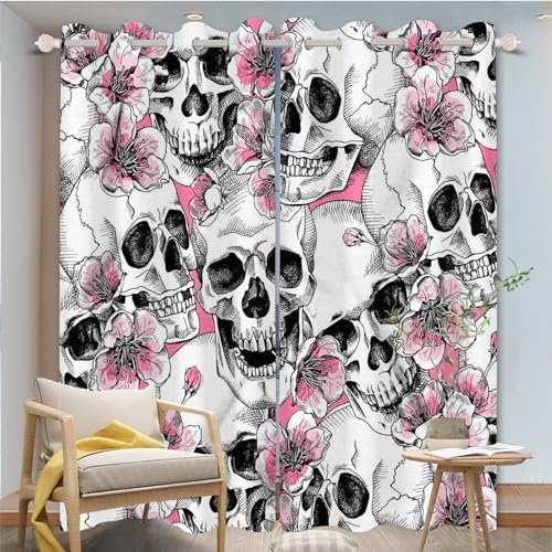 FABTOP Totenkopf Verdunkelungsvorhänge 3D Totenkopf Muster Ösen Vorhang 2Er Set Schädel Rosen Gothic Vorhänge Blickdicht Totenkopf Blumen Gardinen Für Schlafzimmer (1,100×140BxH (50×140cm×2))
