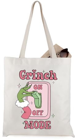 JTOUK Funny Merry Grinmas Grich Hand Grin Mode On Christmas Season Canvas Tote Bag, Grinch Mode Tote EU, 13.78 inch x 14.96 inch, Large