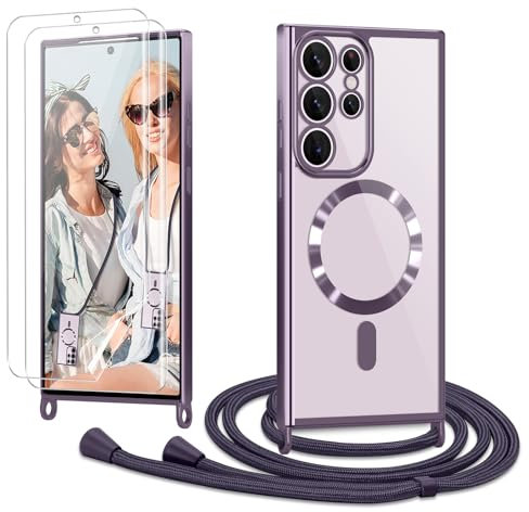 Ethanger Handyband für Samsung Galaxy S23 Ultra 5G Hülle mit Band + 2 Stück Schutzfolie Transparent Silikon Handyhülle Magnetische Schutzhülle zum Umhängen Kordel für Samsung S23 Ultra Lila