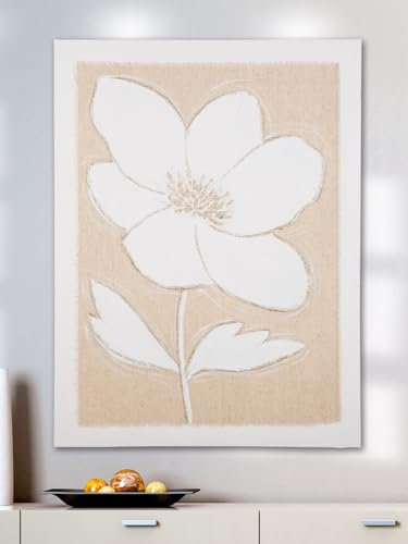 GILDE Deko großes Bild XL Wandbild Wohnzimmer groß Leinwandbild - Wanddekoration rechteckiges Blumen Bild auf Lein Wand - creme weiß 60 x 80 cm