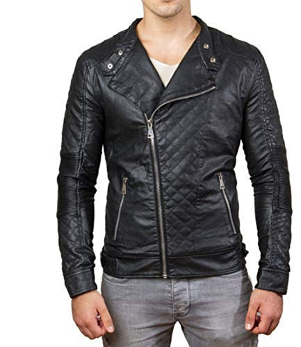 Clou Blouson Biker En Cuir Véritable Noir Hommes Slim Matelassé Rindway, L, Doublure (Printemps-Été), Noir