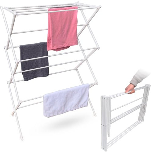 Grafner Wäscheständer klappbar und platzsparend, 11 Stangen, 6 Ebenen, robuster Stahlrahmen, Innen und Außen, Standtrockner kompakt Metall Wäscheständer Turm faltbar Wäscheturm kleine Räume Camping
