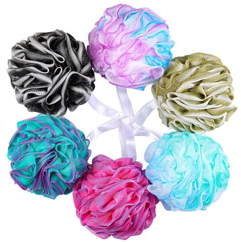 BTYMS 75g/Pc Large Loofahs Shower Sponge, Exfoliating Body Scrubber Shower Scrunchies Mesh Pouf Bath Sponges - Pack of 6