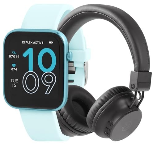 Reflex Active Smart Watch serie 12 con cinturino blu e cuffie wireless pieghevoli on ear con microfono integrato, set regalo