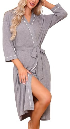 Wikoan Peignoir Femme Léger Robes Longues pour Femmes Robes de Chambre Col en V Peignoirs de Bain Leger et Doux pour d'intérieur Hôtel Piscine Gris M