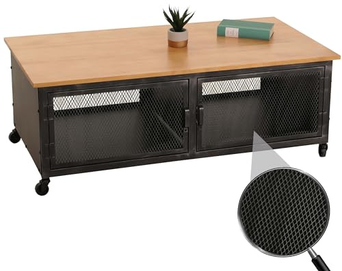 Mendler Couchtisch HWC-N28 45x120x60cm Metall - schwarz, Natur | Sofatisch, Rollen, 2 Fächer, 3D-Struktur, Industrial, Retro, Holz
