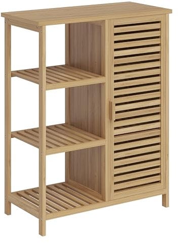 Bellamio Badschrank Newa mit 6 Ablagen, Badezimmerschrank schmal mit 1 Tür, Aufbewahrungsschrank Badezimmermöbel aus Bambus lackiert, Standregal Bambus Regal Maße 85x66x33 cm