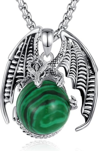 EUDORA Harmony Ball Drachen Malachit Kette für Damen Herren, Vintage Wikinger Drachen Malachit Halskette Anhänger Amulett Energie Gothic Schmuck, Geschenk für Frauen Herren Papa Mutter, 20+2