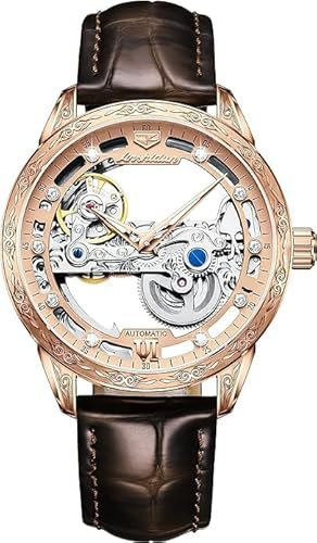 OLEVS Rose Gold Herren Skelett-Mechanikuhr Automatik Selbstaufzug Wasserdicht Luminös Luxuriöse Lederarmbanduhr