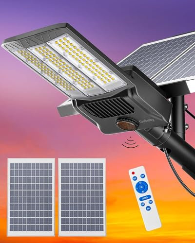 Gefolly SL-9900W Solaire Exterieur Lampadaire-650000LM Lumière Solaire avec Télécommande, 6500K Crépuscule à l'Aube Étanchéité IP67 Projecteur LED Jardin Lampe Pour Rue Garage Éclairage Public