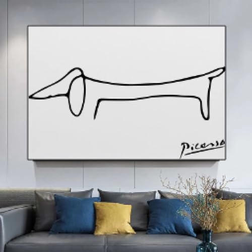 HNKDKJ Picasso Klassische Dackel-Kunstwerke, Schwarz-Weiß-Poster und Drucke, Linienhund, Leinwand-Wandkunst, Bilder, 20 x 30 cm, mit schwarzem Rahmen