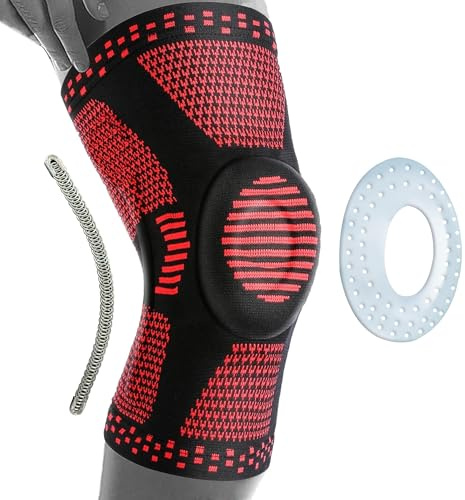 360 RELIEF Kniebandage Damen und Männer Kniestütze mit Gelenk Stabiliserung | 1 Stück Kompressionsbandage Gel-Polster für Meniskus, Sport, Joggen, Kraftsport, Laufen - Patella Knieschützer XL Rot