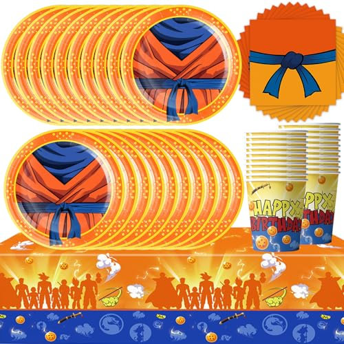 Juego de 61 piezas de vajilla de fiesta de cumpleaños de dibujos animados, decoraciones de fiesta de bola, suministros de vajilla de fiesta de dragón amarillo, vajilla de fiesta para niños incluye