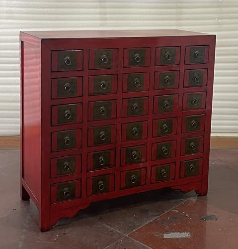 Kunibert Antiker Apothekerschrank Apothekerkommode Büroschrank Apotheke Schrank Sideboard Kommode Kommodenschrank Sideboardschrank mit 30 Schubladen Breite105xHöhe100cm Farbe rot