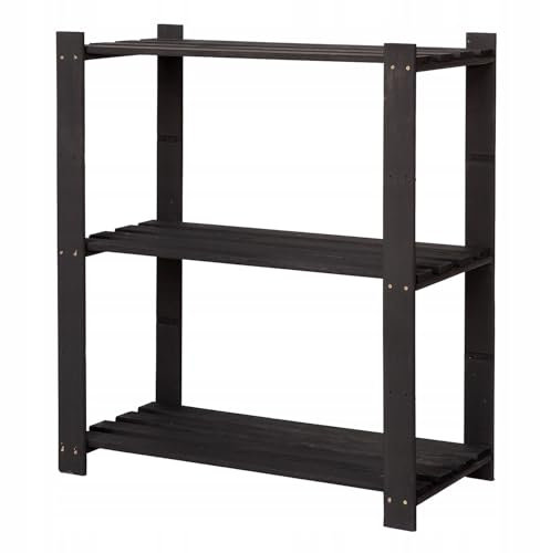 STOLMAK Holzregal Standregal 90x80x38 cm (HxBxT) Schwarz Lagerregal mit 3 Ablagen Stehend Garage Regal Keller Wohnzimmer Kiefernholz Badregal Pflanzenständer Bücherregal