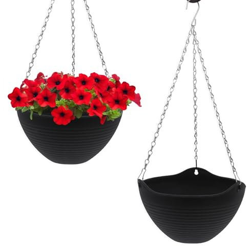 Spetebo Blumenampel anthrazit mit Rillen Struktur 25 cm - 2er Set - Kunststoff Hängeampel mit Ablauf und Metallkette - Garten Deko Hänge Blumentopf Pflanztopf Pflanzschale Blumenschale Hängetopf