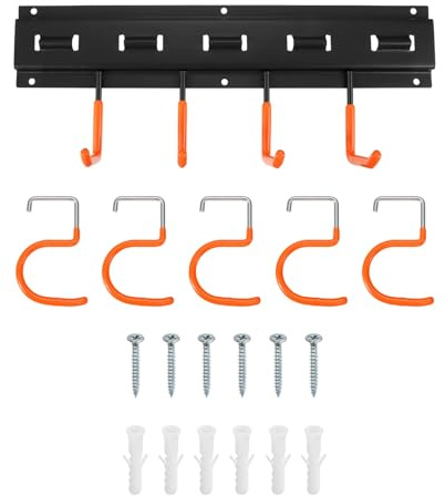QUARKZMAN Gartengerätehalter 8 x 41cm Aufhängung Gartengeräte, Gerätehalter Wandhalterung mit Orange Haken für Garage, Geräteschuppen, Keller, Werkzeugwand, Rechen, Besen