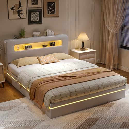 BursDany Doppelbett, 140 x 200 cm, Samt, Beige, LED-Beleuchtung RGB und USB-Anschluss, Kopfteil, mit Aufbewahrung, für Erwachsene und Jugendliche (ohne Matratze)