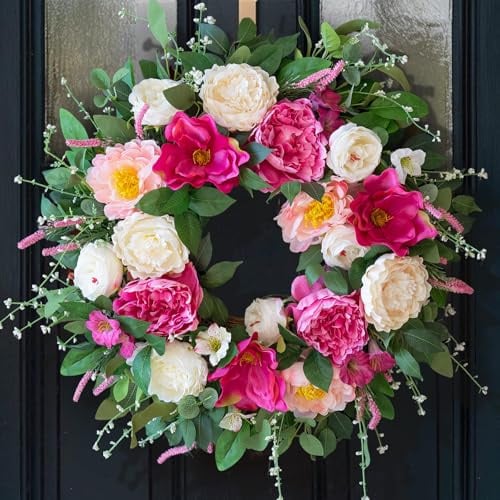 24 Inch Spring Summer Wreaths for Front Door Outside with Peony & Rose