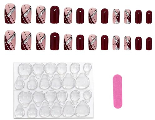XENQITO 24 Pièces Press On Nails - Faux Ongles CarréS - En Acrylique - Bordeaux - à Coller - Faux Ongles Court - Faux Ongles à Coller - Design à Lignes Scintillantes - Pour Femmes Et Filles