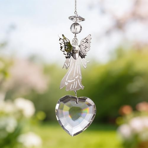 MINWEGI Angel Hanging Ornament with Crystal Heart - Elegant Memorial Gift for Christmas, Valentine's Day - Home Decor for Window, Tree (White)