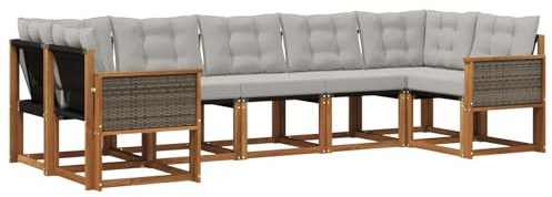 vidaXL Outdoor-Sofagarnitur mit Kissen 7 pcs Natur und Hellgrau, Moderne Gartenlounge, robuster Sofa, eleganter Patio, stylische Möbel für gemütliches Sitzen im Freien