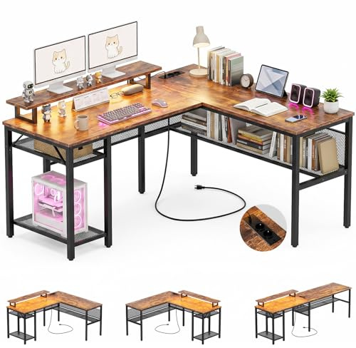 Homieasy Bureau Gaming d’Angle 141x117cm Réversible LED et Prises