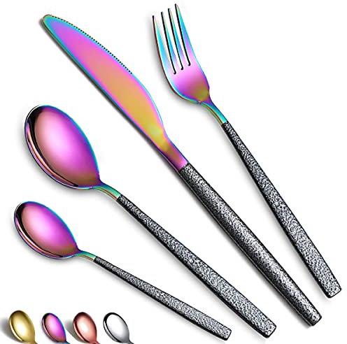 HOMQUEN Ensemble de Couverts 24 pièces de revêtement de tête Arc-en-Ciel avec poignée Noire de Mars, Ensemble d'ustensiles de placage coloré en Titane en Acier Inoxydable