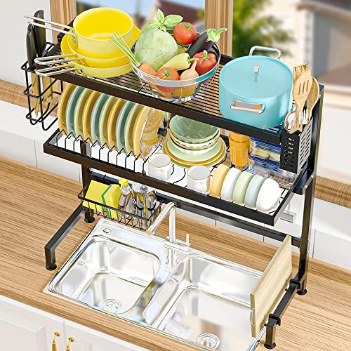 NETEL Escurreplatos sobre Fregadero, Escurridor de Platos, Organizador Cocina, Estante de Secado de Platos de Acero Inoxidable de 3 Niveles, con Soporte para Utensilios, Longitud 64cm, Negro