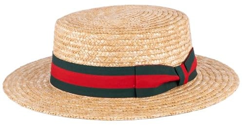 ZAKIRA Classic Straw Boater Hat Handmade from Natural Straw (Green-Red-Green Band, XL)