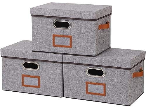 OUTBROS Storage Baskets with Lids, Collapsible Bins for Shelves, Fabric Cube Organiser, Home Office Clothes Containers, 38 x 25 x 25 cm, Grey, 3-Pack