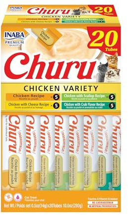 INABA Churu Cat Treats, Lickable, Squeezable Creamy Purée Cat Treat with Green Tea Extract & Taurine, 0.5 Ounces Each Tube, 20 Tubes, Chicken Variety Box