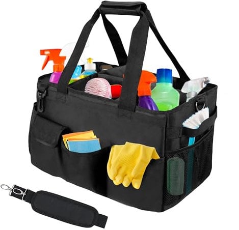 DCY BLUE Reinigungs-Caddy-Organizer mit Griff, große Caddy Tasche für Haus, Autoreinigungsbedarf, Haushaltshandtasche mit verstellbaren Schultergurten (schwarz)