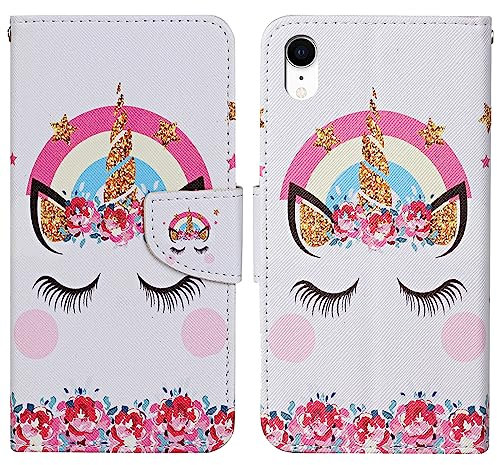 Verpotex Kompatibel mit iPhone XR Hülle, Premium Handyhülle Lederhülle Leder Klappbar Flip Tasche Magnet Wallet Kartenfach Klapphülle Schutzhülle Hülle Holster iPhone XR (6,1 Zoll) (Einhorn)