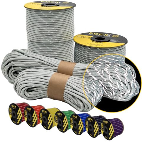 EdcX 4 mm Reflective Paracord 550 (15, 30, 50 m) – Tear-Resistant Parachute Cord for Survival Made of 100% Nylon, 4 mm Type III with 7 Wires (Reflective White, 15 m)