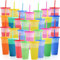 MSYU Plastic Tumblers with Lids and Straws, 30 Pcs Reusable Cups Color Changing Cups for Parties Birthdays, Iced Coffee Cup Travel Mug Cold Drink Cups Bulk Tumblers 24 oz (Color 1)