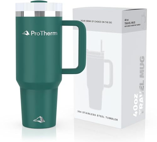 ProTherm Tumbler 40oz 1200ml Quencher with Straw & Lid | Stainless Steel Insulated Travel Mug/Coffee Mug for Hot Or Cold Drinks (Emerald Green)