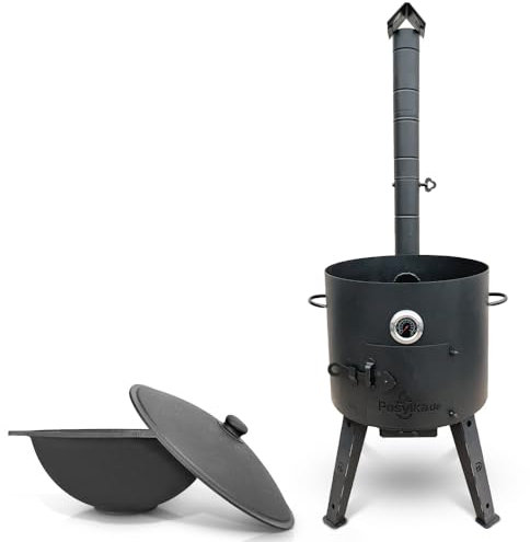 Utschak Feuerofen Ø 44 cm 2 mm Stahl mit Thermometer Usbekische Kazan 16 L flacher Boden Kazan Учаг Uchag казан Gusseisen Oven учак (Set 1)