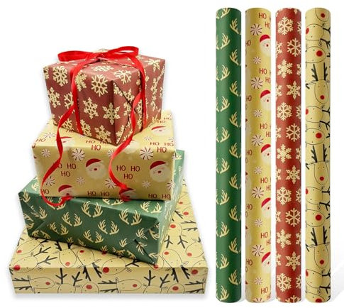 4 rouleaux de papier cadeau de Noël, 43 cm x 3 m, papier cadeau kraft recyclable, convient pour Noël, anniversaire, fête, Halloween, baby shower, décorations de fête