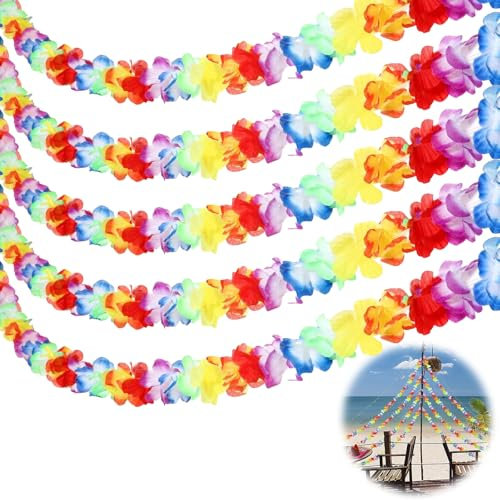 Luau Girlande Hawaii 5 Pack 10 Feet/3m,Hawaii Ketten Blumen,Hawaii Deko,Bunte Blumenketten Hawaii,Poolparty Dekorieren Halskette,Hawaii Urlaub Sommer Strand Tiki Luau Party Supplies Decor Aloha
