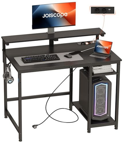 JOISCOPE Scrivania PC con Supporto per Monitor, Scrivania Ufficio con Porta di Ricarica USB & Type-C, Scrivania per La Casa con Ripiani Reversibili e 2 Ganci, scrivania salvaspazio, Nero, 100cm