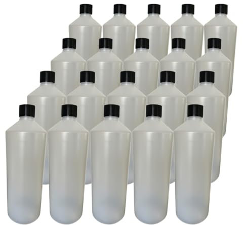 DWChemicals 1000ml (1 Litre) HDPE Plastic Food Grade Bottles, Natural with Black Watertight Wadded Screw Cap 1-5 - 10-20 - 50 (20)